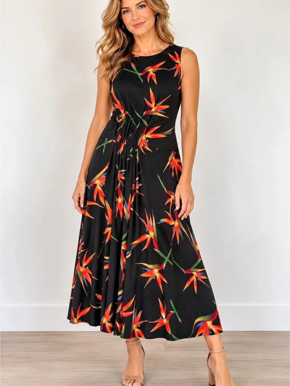 Brand: T Tahari
Size: L
Style: Bird of Paradise / tropical floral sleeveless mid